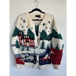 VTG 1989 Eddie Bauer Womens Hand Knit Wool Cardigan Sweater Nordic Ski Scene S/M